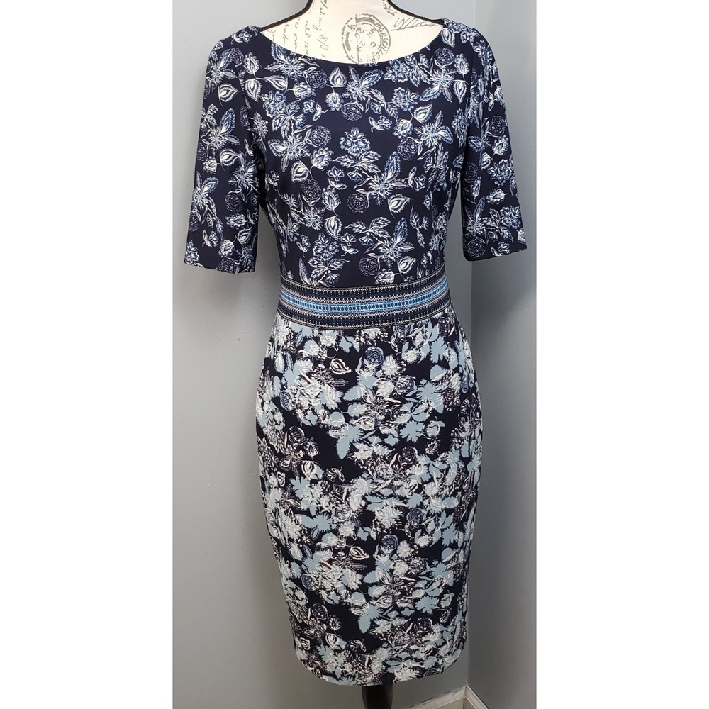 Vince Camuto Bodycon Dress Womens 6 Multi Floral Boat Neck Party Career Back Zip